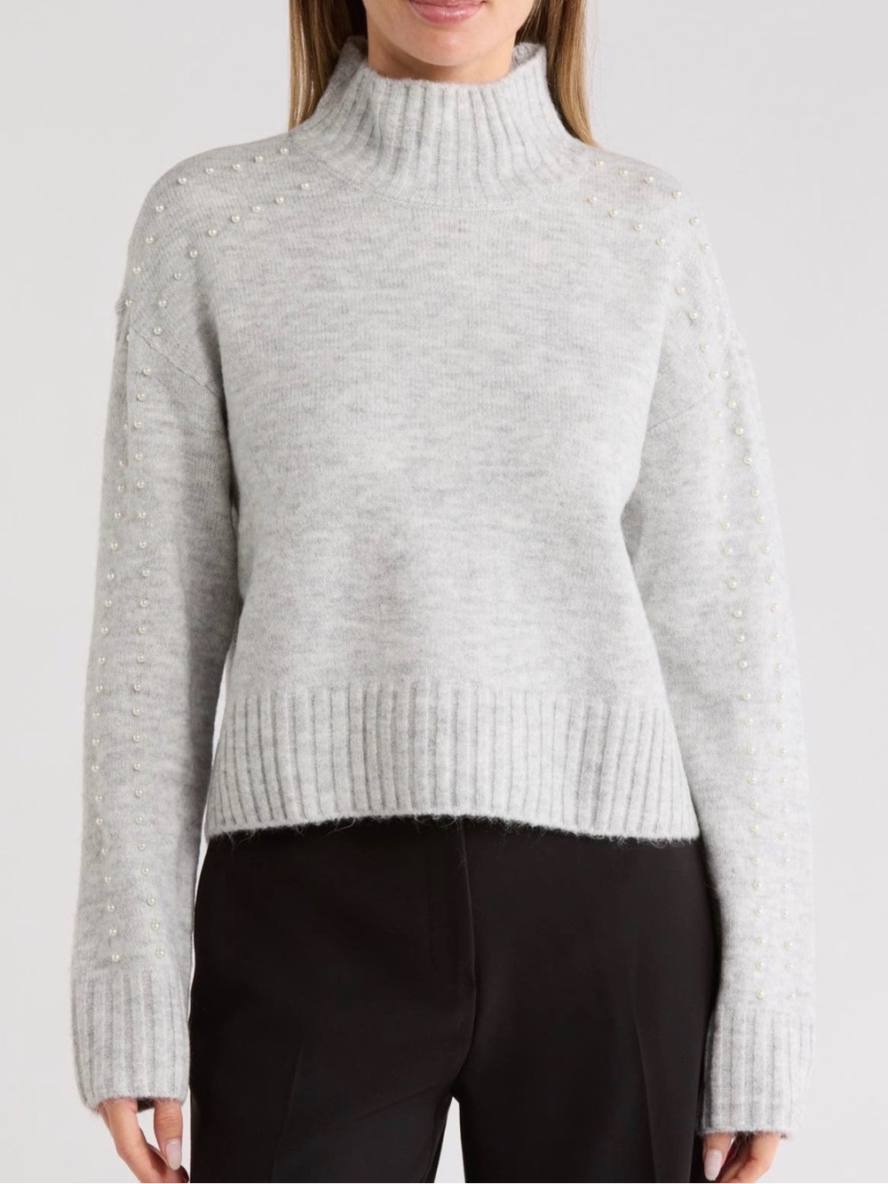 Ellen Tracy Pearly Studded Cropped Mock Neck Sweater Gray XL